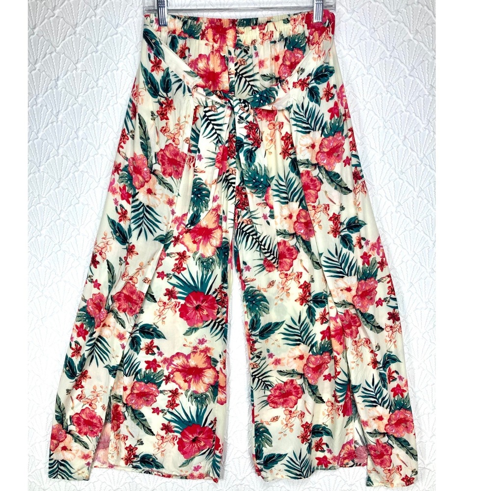 ONE5ONE Tropical Floral Wide Leg Pants Women M Ivory Red  Tie Waist Coastal Boho